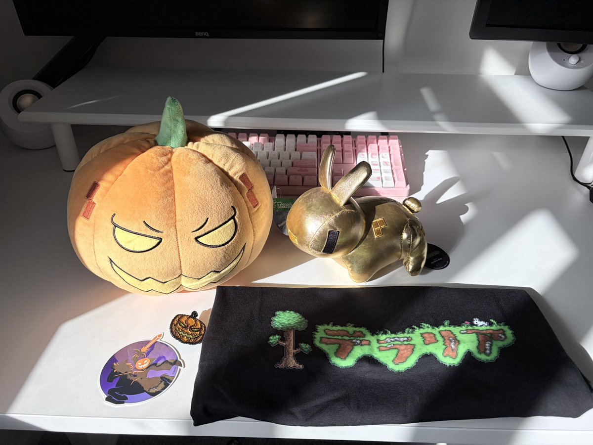 kerrirat's tweet photo. ordered some Terraria merch as a little sampler 🌳

✨ golden bunny - 10/10 chonky-ness
👕 JP t-shirt - very nice fabric but I think it’s US size so a bit big but that’s fine 
🎃 pumpking plush - very soft, plump &amp; menacing

got a free pin &amp; sticker too 😌 https://t.co/gE3rnnFy4o