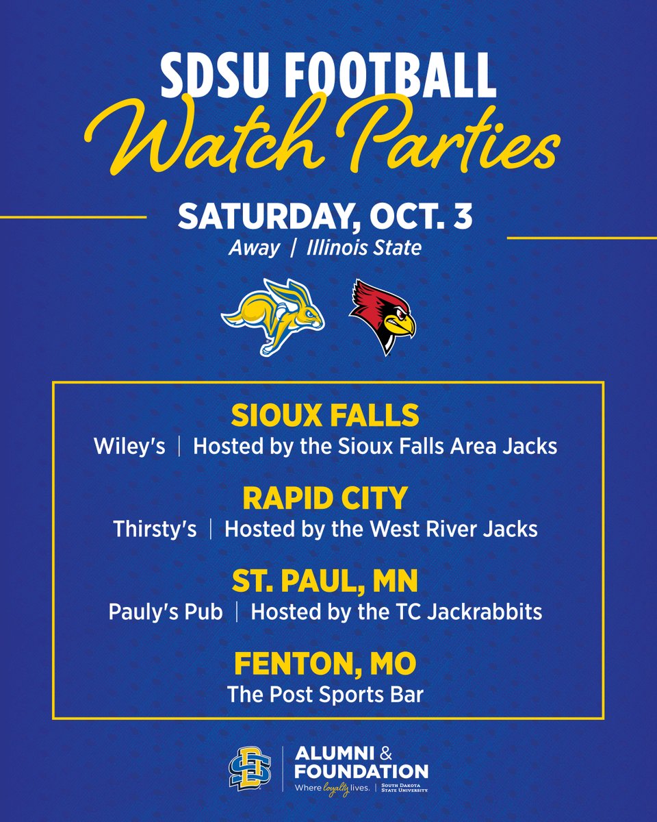 sdstateloyalty's tweet photo. Can't make it to IL this Sat. to watch @GoJacksFB take on the Redbirds? The next best thing is watching the game with fellow Jacks at a watch party:

📍Sioux Falls @ Wiley's
📍Rapid City @ Thirsty's
📍St. Paul, MN @ Pauly's Pub
📍Fenton, MO @ The Post

🔗https://t.co/sn7PyncyiC https://t.co/w8MZ3Nkz1l