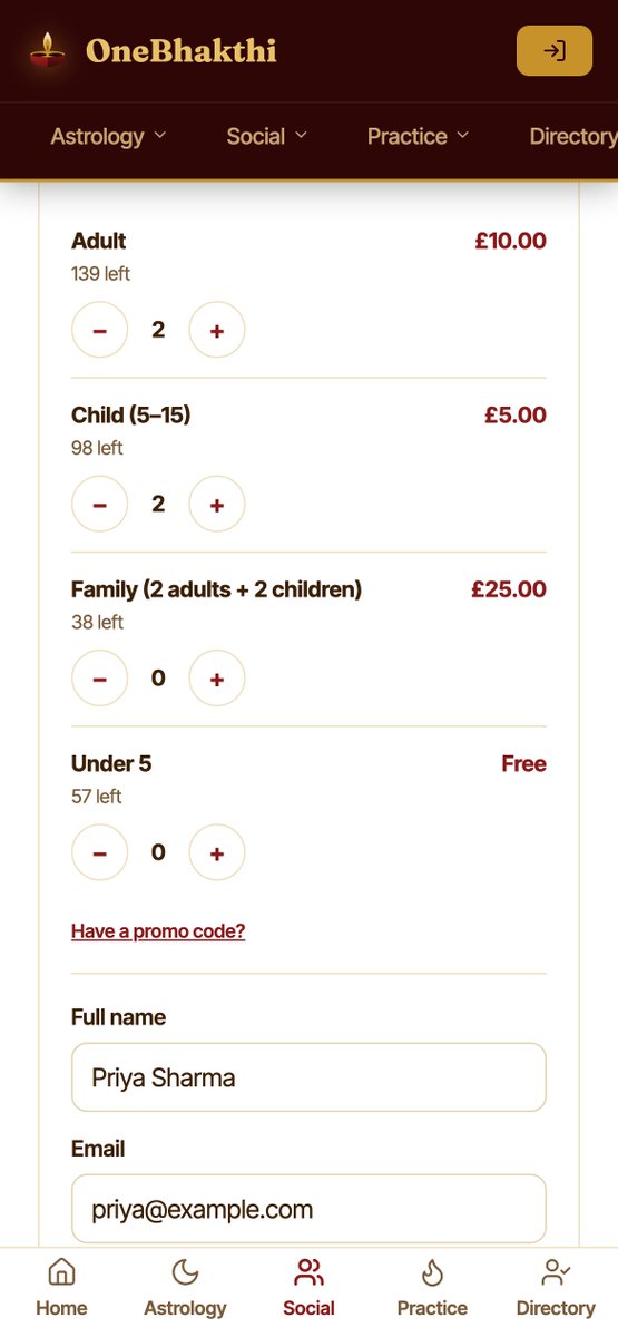 OneBhakthi's tweet photo. We have made enhancements to our events feature, 

• No OneBhakthi fee. Payments go straight to your own Stripe account.

• Adult, child and family tickets, donations with Gift Aid, and promo codes.

List yours: https://t.co/2t5q7qiKVE https://t.co/Kn1P8AfwtY