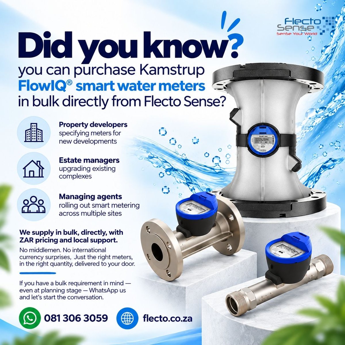 Flectosense's tweet photo. Did you know Flecto Sense supplies Kamstrup FlowIQ® smart water meters in bulk? 💧
Developers, estate managers & managing agents.
📞 081 306 3059 | https://t.co/379TWbTVlb
#BulkSupply #SmartMetering #SouthAfrica #FlectoSense #KamstrupFlowIQ #EstateManagement https://t.co/RIadoFJauT