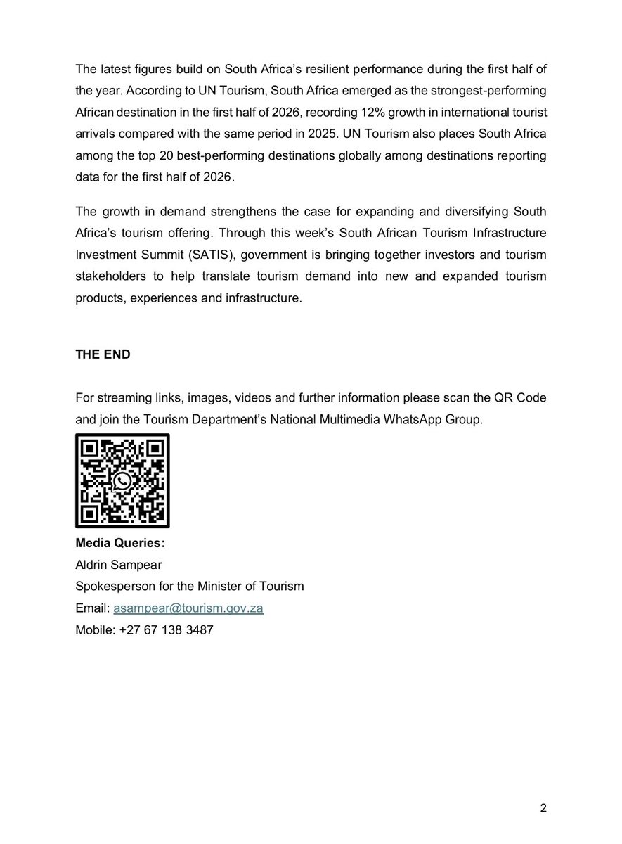 Tourism_gov_za's tweet photo. [MEDIA STATEMENT] SOUTH AFRICA WELCOMES MORE THAN ONE MILLION INTERNATIONAL TOURISTS IN AUGUST

#WeDoTourism https://t.co/dYz0XgtOLP