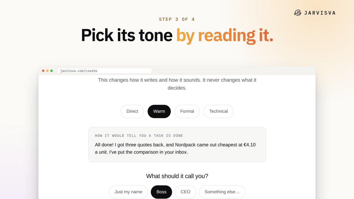 JarvisVArh's tweet photo. Formal, warm, direct or technical?

You don't pick a word. You read how it would tell you a task is done, and pick the one that sounds right.

https://t.co/ofghXKrVeY https://t.co/wepBKZY6ww