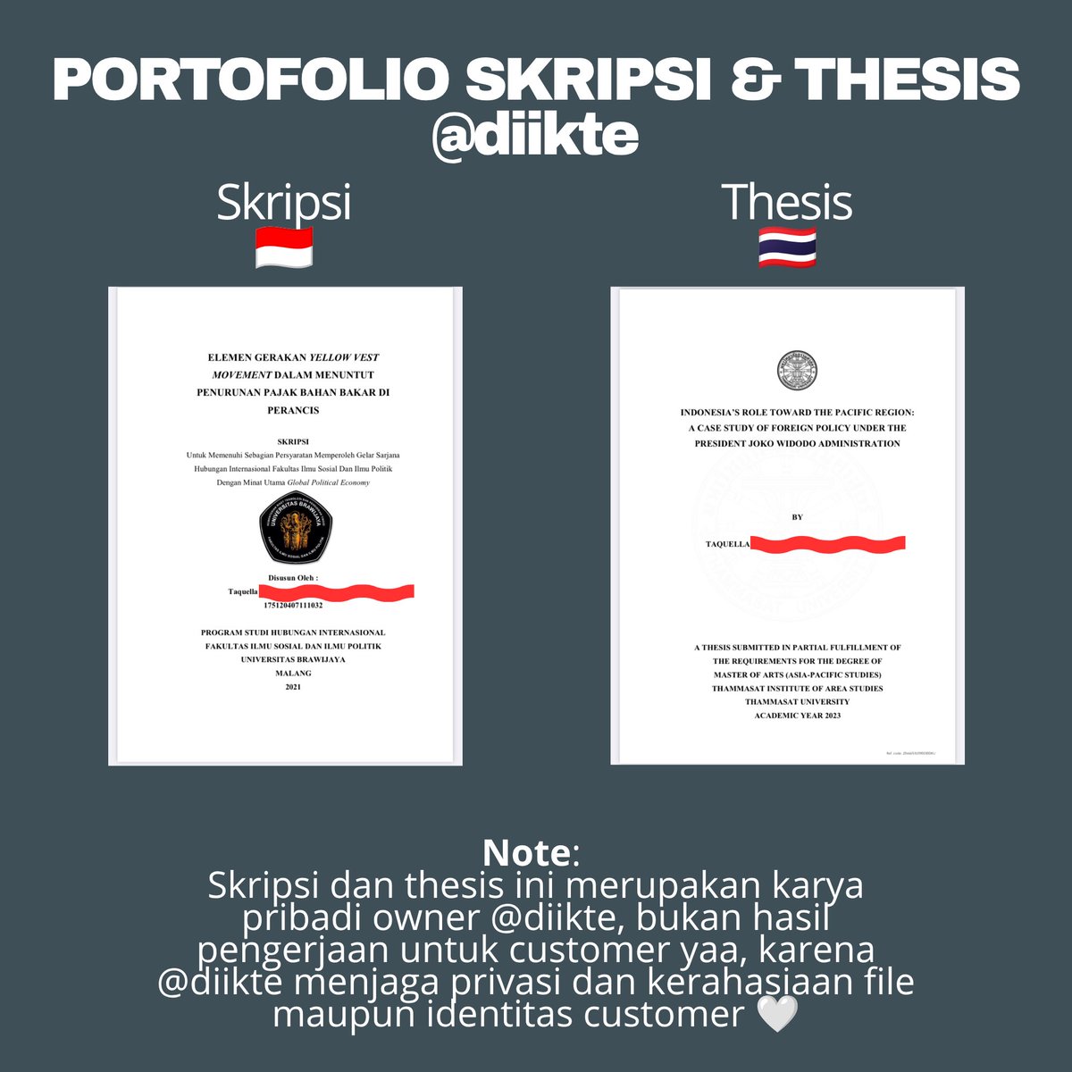 diikte's tweet photo. @sepacu Sini kak, @diikte bantu. Kebetulan saya lulusan S2 HI Universitas luar negeri nih kak, jadi berpengalaman. Udah banyak teman-teman HI / Ilpol / Ilpem yang langganan dan konsul ke @diikte. Ini proof thesis punya saya pribadi yaa 🥰🫶🏻

☎️ https://t.co/Yy5pXOXqVD https://t.co/Chm3HulRqb
