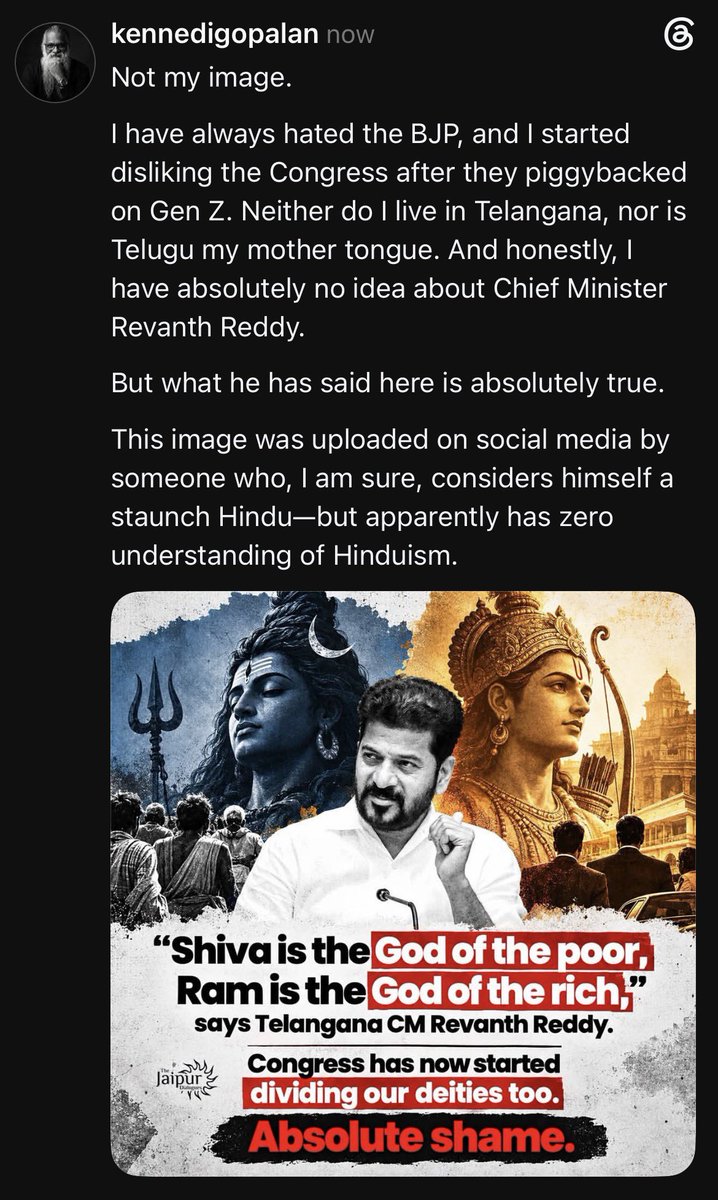 askenni's tweet photo. Not my image.

I have always hated the BJP, and I started disliking the Congress after they piggybacked on Gen Z. Neither do I live in Telangana, nor is Telugu my mother tongue. And honestly, I have absolutely no idea about Chief Minister Revanth Reddy.

But what he has said….. https://t.co/qVuNveuiXO