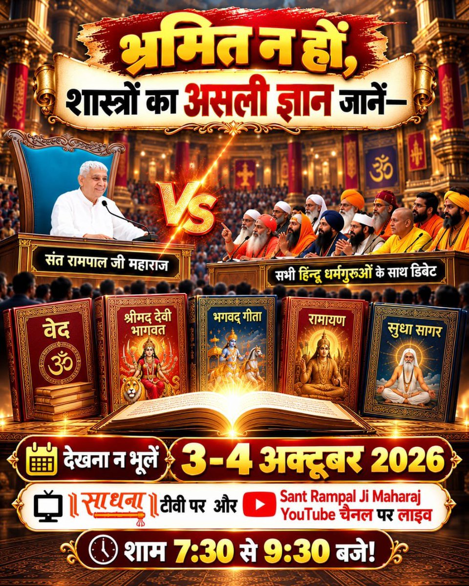 sachinkumar8475's tweet photo. #50लाख_की_ऐतिहासिक_डिबेट

Challenge By Sant RampalJi
भ्रमित न हों, शास्त्रों का असली ज्ञान जानें—साधना टीवी पर 3-4 अक्टूबर शाम 7:30 से 9:30 बजे! https://t.co/SAvpeoot2O