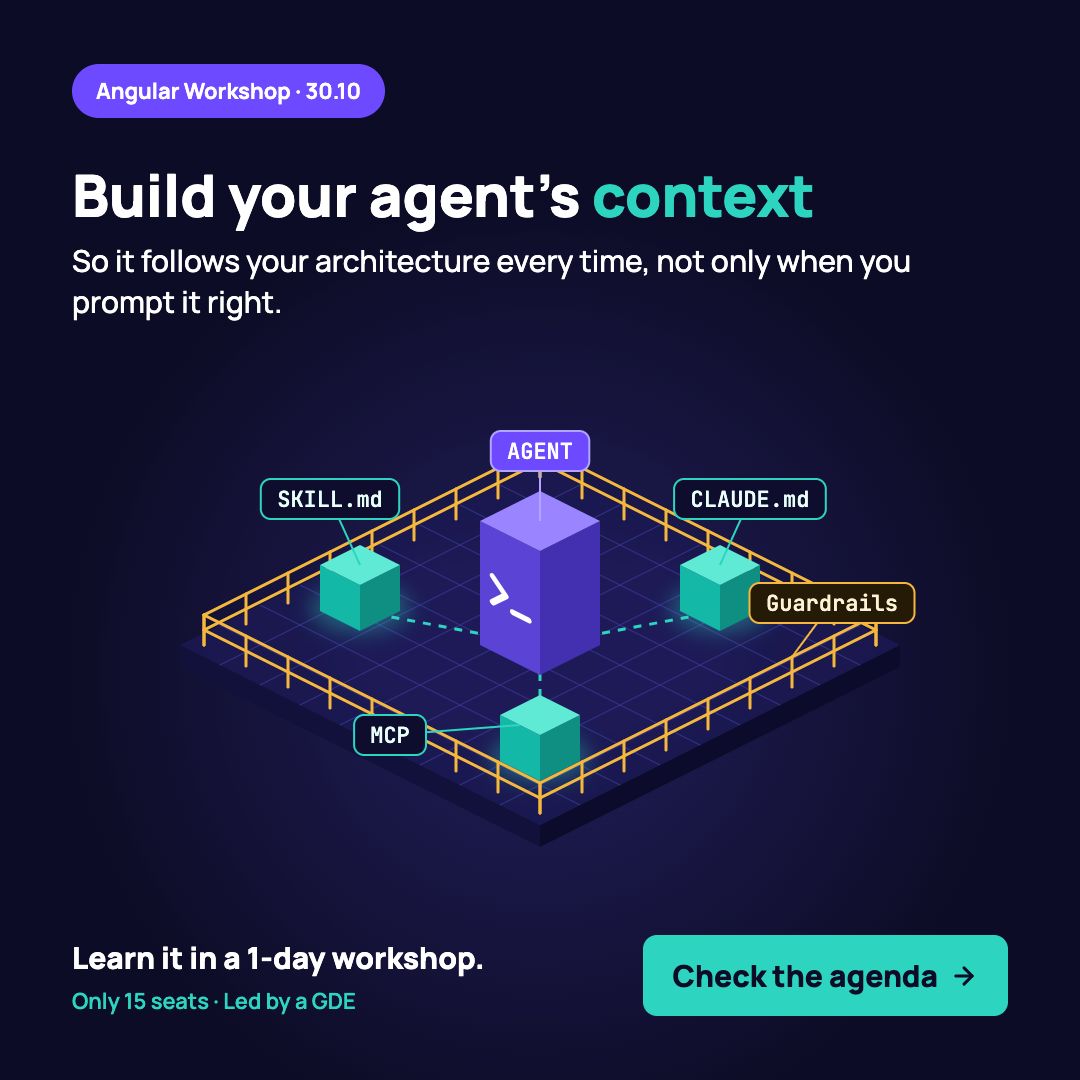 AngularLovePL's tweet photo. 🗣️ Problem: "Working with my #AIagent, I have to describe the same thing over and over."

Solution: Build systematically. Write the spec → break it into a plan → encode conventions into reusable Skills → delegate work to sub-agents.

Barrier: "That will take me forever. I don't even know where to start."

✅ Answer: Learn how to do it in one day from an expert. No time or energy wasted digging through it yourself.

“Angular #AgenticEngineering: From Spec to Ship” Workshop:

📅 30 October, 9 AM–5 PM CET
💻 Online, hands-on, on a real Nx/#Angular codebase
🎓 Led by @prodromouf (GDE)
🤝 Max 15 people

Personal Certificate as proof of your skills + a private 1:1 call with the GDE to discuss your challenges included in the price.

Save 120 € with Early Bird pricing.

Get your ticket: https://t.co/EQlLQSLbQi