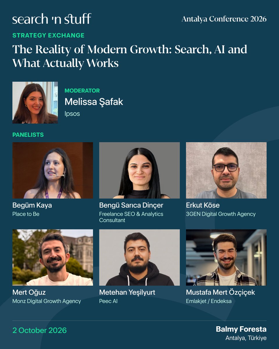 searchandstuff's tweet photo. The Reality of Modern Growth: Search, AI and What Actually Works, moderated by @SafakMelissa will bring real insights from Begum Kaya, @bngsrc, @KosErkut, Mert Oğuz, @metehan777 and @mrtzcck. Get your questions ready, and grab the last minute tickets to exchange ideas in person. https://t.co/Ki8apEaV68