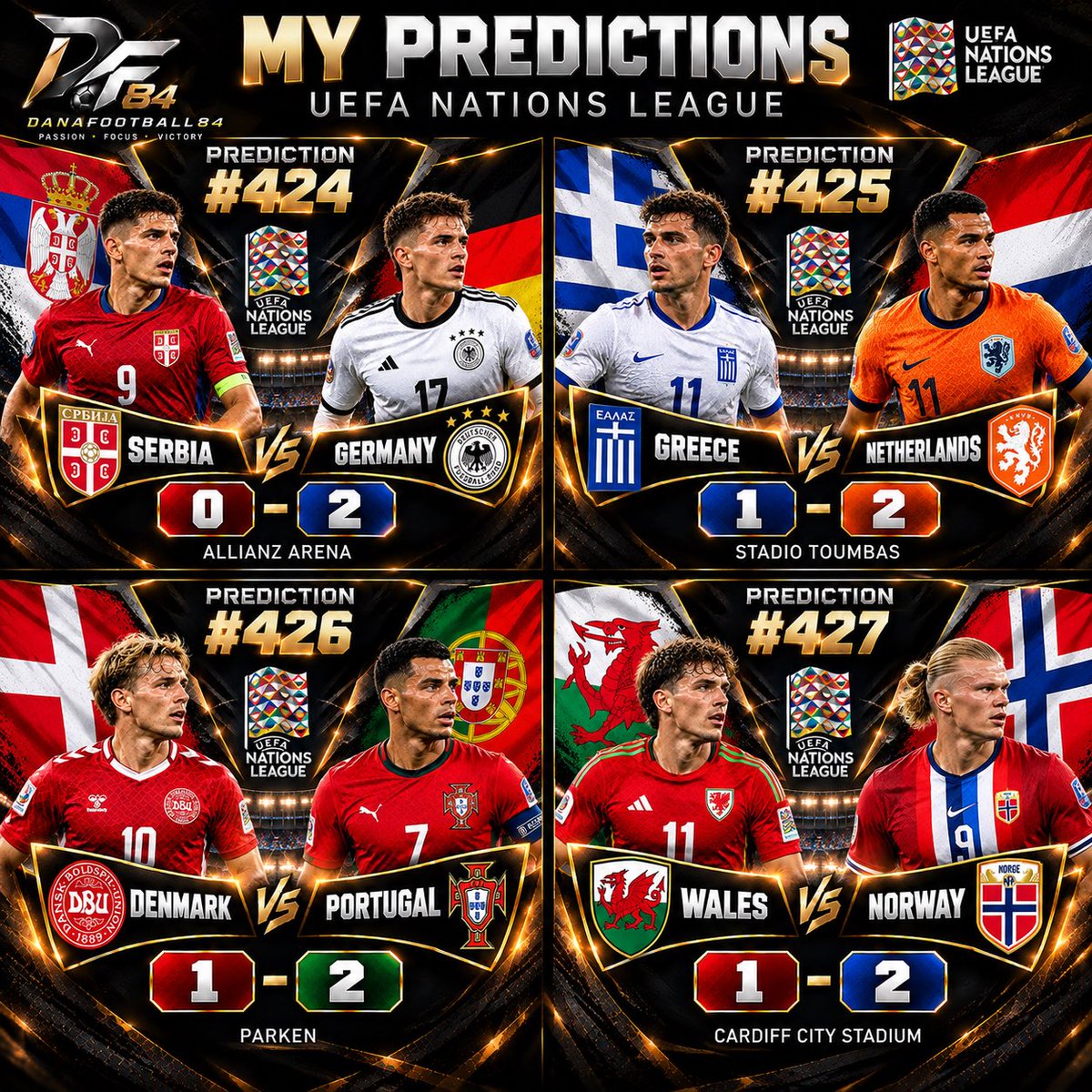 danafootball84's tweet photo. 🔥 4 PREDICTIONS. 4 BIG CALLS. LOCKED IN. 🔒🎯

🇷🇸 Serbia 0–2 Germany 🇩🇪
🇬🇷 Greece 1–2 Netherlands 🇳🇱
🇩🇰 Denmark 1–2 Portugal 🇵🇹
🏴󠁧󠁢󠁷󠁬󠁳󠁿 Wales 1–2 Norway 🇳🇴

Nations League night. Four battles. One mission: get them right. ⚽🔥

@danafootball84 
#FootballPredictions #NationsLeague https://t.co/4wU4km767U