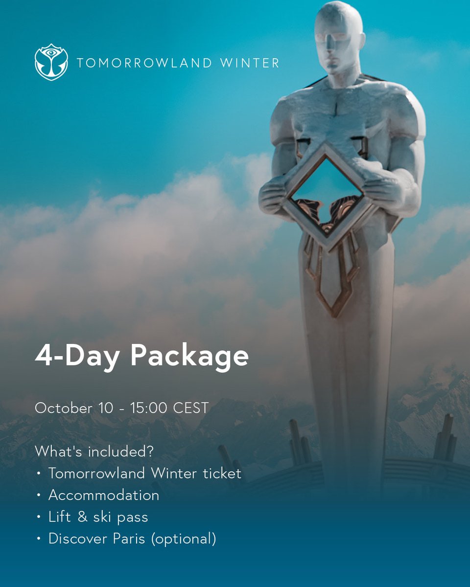 TMLwinter's tweet photo. Prepare for the upcoming Tomorrowland Winter 2027 sales. 

The 7-Day Packages go on sale this Saturday, October 3 at 15:00 CEST, followed by the 4-Day Packages &amp; Festival Tickets on October 10.

Visit https://t.co/l6xi91ozHf to explore all options. https://t.co/OLngyU5UwA