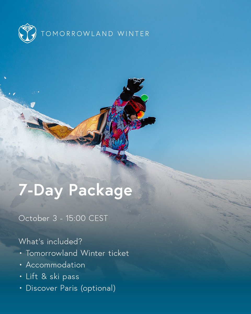 TMLwinter's tweet photo. Prepare for the upcoming Tomorrowland Winter 2027 sales. 

The 7-Day Packages go on sale this Saturday, October 3 at 15:00 CEST, followed by the 4-Day Packages &amp; Festival Tickets on October 10.

Visit https://t.co/l6xi91ozHf to explore all options. https://t.co/OLngyU5UwA