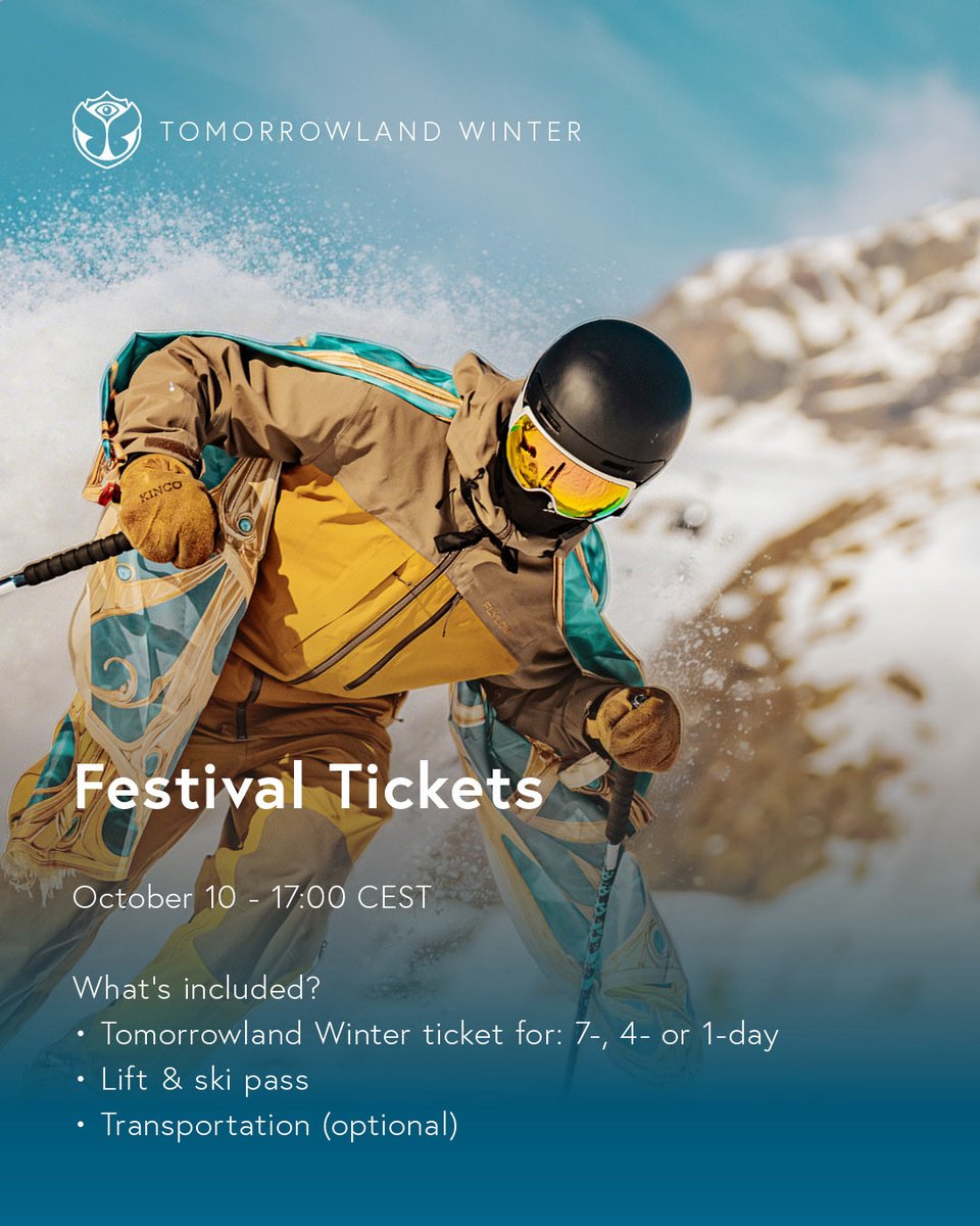 TMLwinter's tweet photo. Prepare for the upcoming Tomorrowland Winter 2027 sales. 

The 7-Day Packages go on sale this Saturday, October 3 at 15:00 CEST, followed by the 4-Day Packages &amp; Festival Tickets on October 10.

Visit https://t.co/l6xi91ozHf to explore all options. https://t.co/OLngyU5UwA