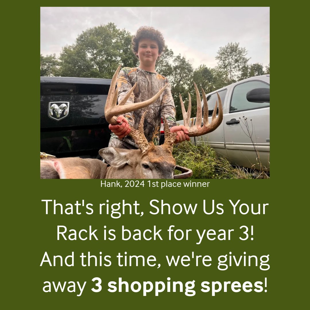 PyramydAIR's tweet photo. Show Us Your Rack is BACK for its 3rd annual run! 🎯 From Sept 30 to Dec 14, submit your best harvest photos for a chance to win 1/3 shopping sprees. Got a rack worth showing off? Enter now at https://t.co/DRDldh5biJ or tag a buddy who needs to enter! 🌲 https://t.co/3ZiNhW4exR