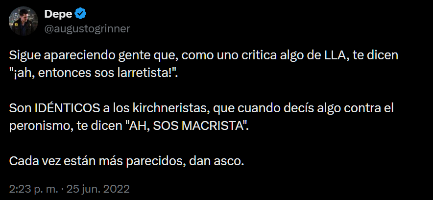 augustogrinner's tweet photo. Yo en JUNIO DE 2022 diciendo que el liberalismo se había llenado de kirchneristas. Uno hasta proponía sumar a Massa.

Yo hasta digo que se suponía que no iban a ir "con lo mismo de siempre", ¡Y AÚN NO ERA EL SLOGAN DE CAMPAÑA, PERO SÍ LA PREMISA!

TE AVISAMOS.