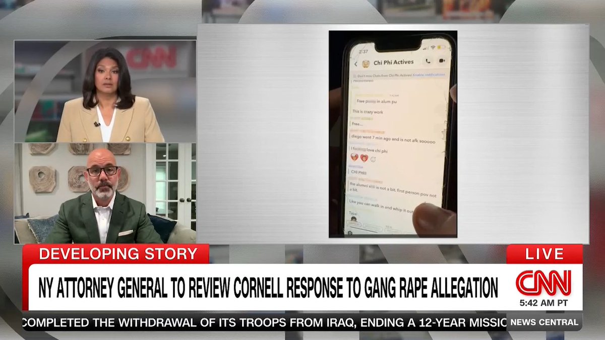 A CNN news broadcast shows anchor Alex Marquardt interviewing a guest (likely the defense attorney) alongside a displayed screenshot of a "Chi Phi Actives" group chat containing the controversial "free p***y" message, with the chyron reading "NY ATTORNEY GENERAL TO REVIEW CORNELL RESPONSE TO GANG RAPE ALLEGATION" at 5:42 AM PT.