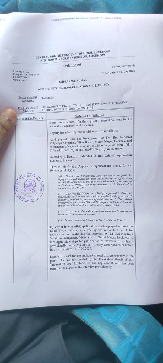 Jaiprakash36374's tweet photo. Can a Kendriya Vidyalaya Principal require prior permission from KVS authorities before implementing a binding order of the Central Administrative Tribunal (CAT)? https://t.co/zPwunEvDLR