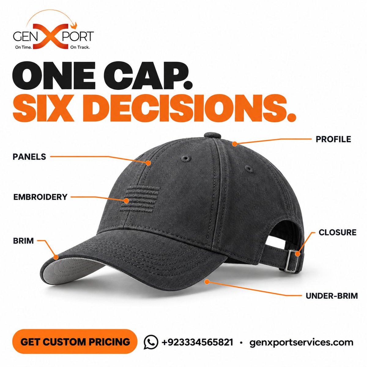 genxport's tweet photo. Every custom cap comes down to 6 key choices:

• Panels &amp; profile
• Closure &amp; brim
• Embroidery
• Under-brim color

Get these right, and quoting becomes much faster.

Which profile fits your brand?

#CustomCaps #CapDesign https://t.co/ZpHumau46B