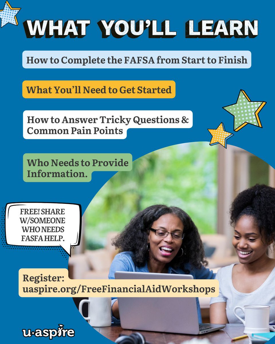 uAspire's tweet photo. The 2027-28 FAFSA is open! Navigating it can be overwhelming, so uAspire is hosting a free virtual walkthrough for students + families. Get guidance on required docs, tricky questions, plus a live Q&amp;A. 10/19 @ 6PM ET/3PM PT. Sign up: https://t.co/Iv7spCrDlX https://t.co/B5qJ153Q8H