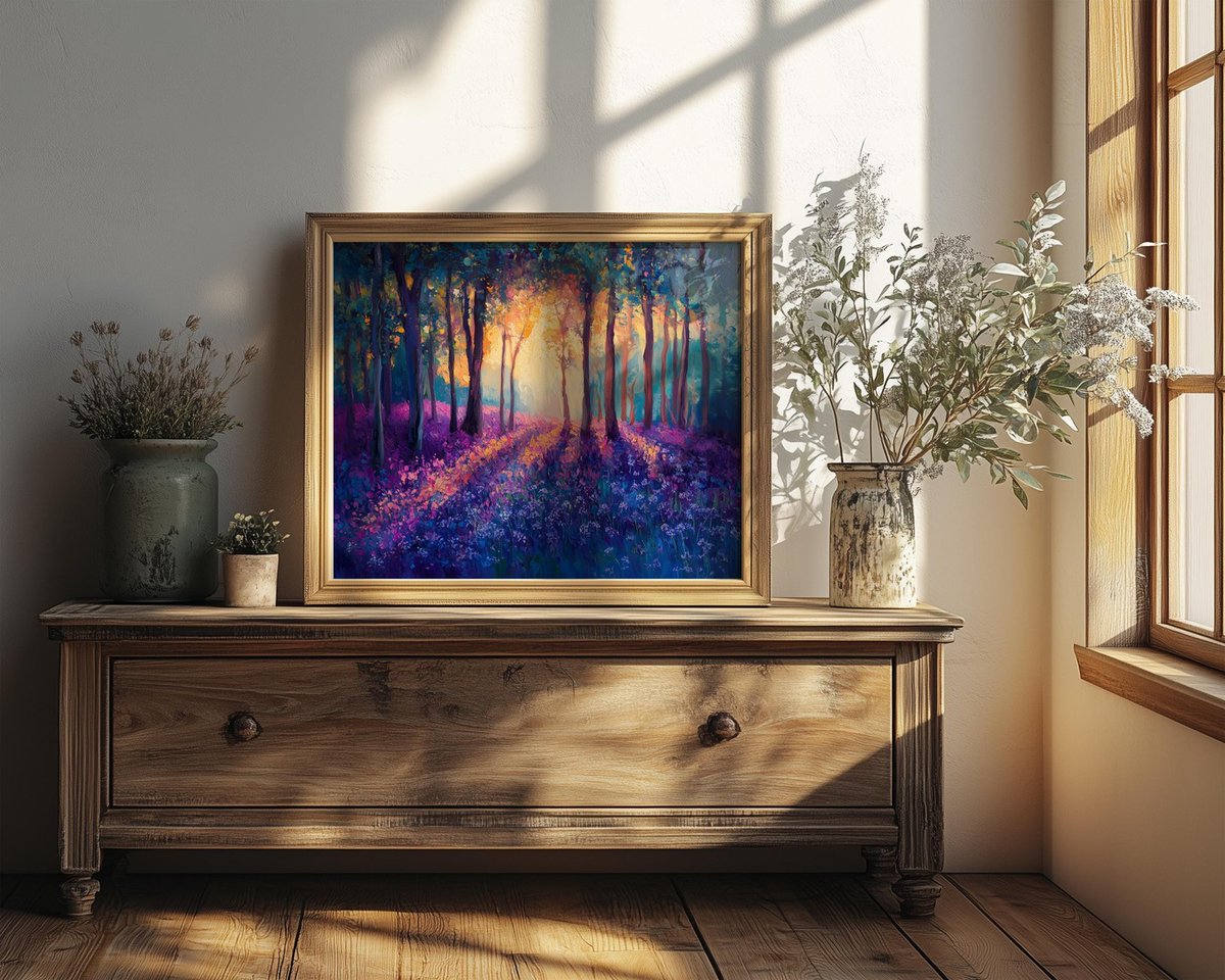 KellyGilmodk's tweet photo. Dreaming of a tranquil escape at home? The Bluebell Forest Sunrise Print brings nature’s serenity indoors with vintage cottagecore charm. Perfect for living rooms or cozy nooks, it transforms your space into a peaceful retreat. https://t.co/MTmIBf1hAC