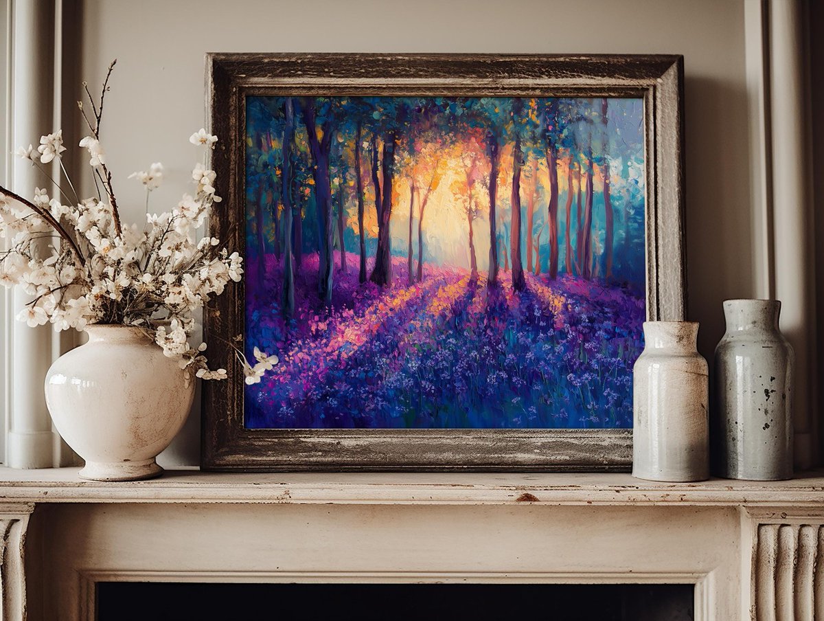 KellyGilmodk's tweet photo. Dreaming of a tranquil escape at home? The Bluebell Forest Sunrise Print brings nature’s serenity indoors with vintage cottagecore charm. Perfect for living rooms or cozy nooks, it transforms your space into a peaceful retreat. https://t.co/MTmIBf1hAC