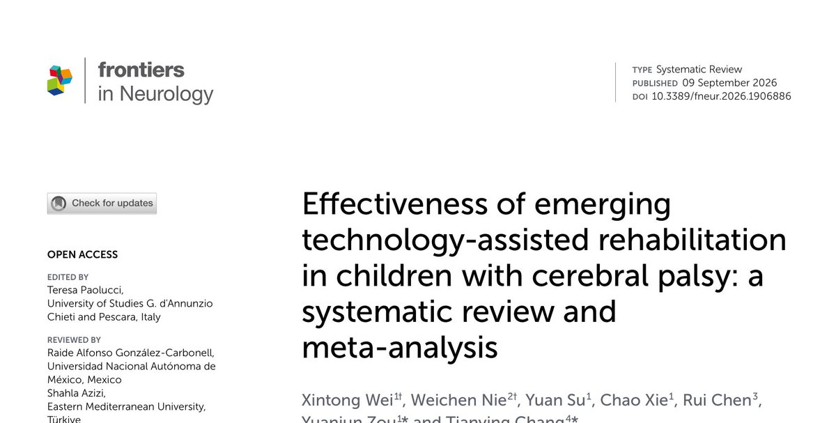 WenchangYue's tweet photo. Gait robots and VR helped children with cerebral palsy walk and balance better, across 46 trials and 1,812 kids. Once therapy stopped, only balance and hand skills stayed ahead.

Ref: Wei et al., Front Neurol 2026, doi:10.3389/fneur.2026.1906886
#CerebralPalsy #Rehab https://t.co/bZRwhZ60qT