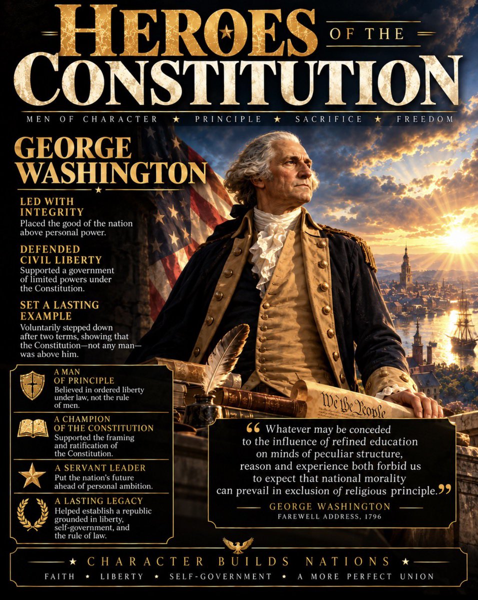 ChooseGoodKarma's tweet photo. 🧵1/3

George Washington had the power to rule for life. He chose not to.

He resigned his command in 1783 and left the presidency after two terms in 1797.

His example: in America, the law rules, not men. Defending the Constitution starts there. https://t.co/ja0QLrIX2e