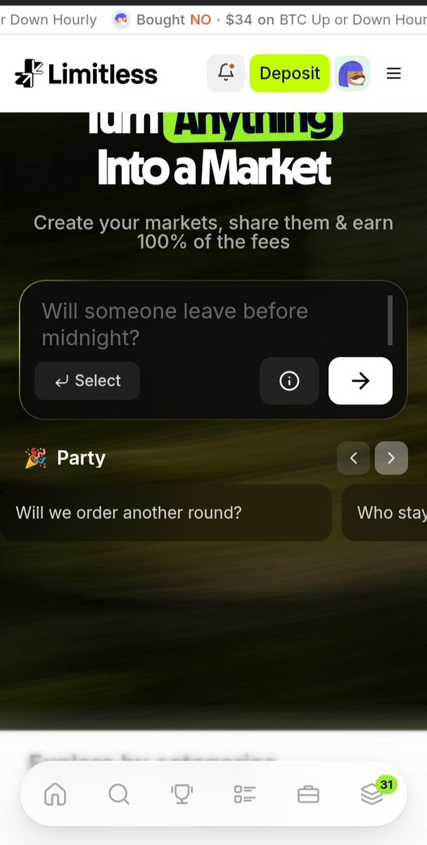 Scofiabee's tweet photo. User-Generated markets are now live on @trylimitless 

You can now create your own markets on Limitless 

And honestly, it can be about anything 

Will the package arrive today?
Will we order another round?
Will someone hit 10k steps today?

Create a market, drop it in the group chat, and let everyone pick a side.

Try it here 👇
https://t.co/AufsRc604y