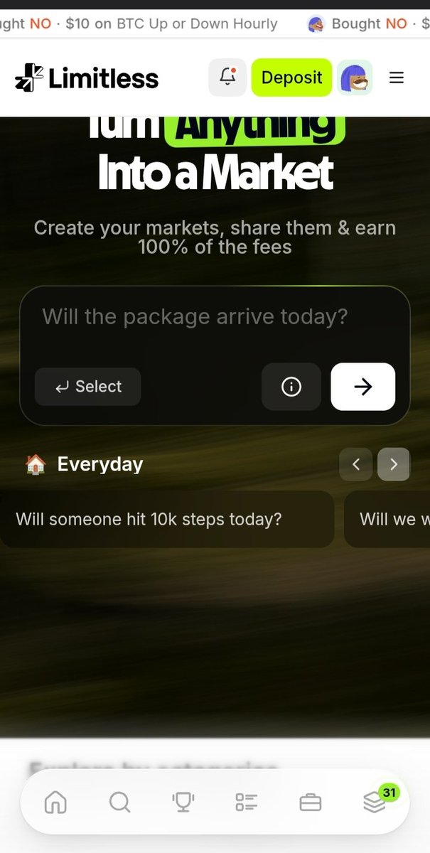 Scofiabee's tweet photo. User-Generated markets are now live on @trylimitless 

You can now create your own markets on Limitless 

And honestly, it can be about anything 

Will the package arrive today?
Will we order another round?
Will someone hit 10k steps today?

Create a market, drop it in the group chat, and let everyone pick a side.

Try it here 👇
https://t.co/AufsRc604y