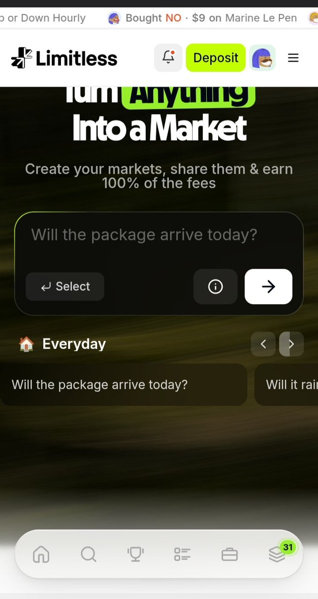 Scofiabee's tweet photo. User-Generated markets are now live on @trylimitless 

You can now create your own markets on Limitless 

And honestly, it can be about anything 

Will the package arrive today?
Will we order another round?
Will someone hit 10k steps today?

Create a market, drop it in the group chat, and let everyone pick a side.

Try it here 👇
https://t.co/AufsRc604y