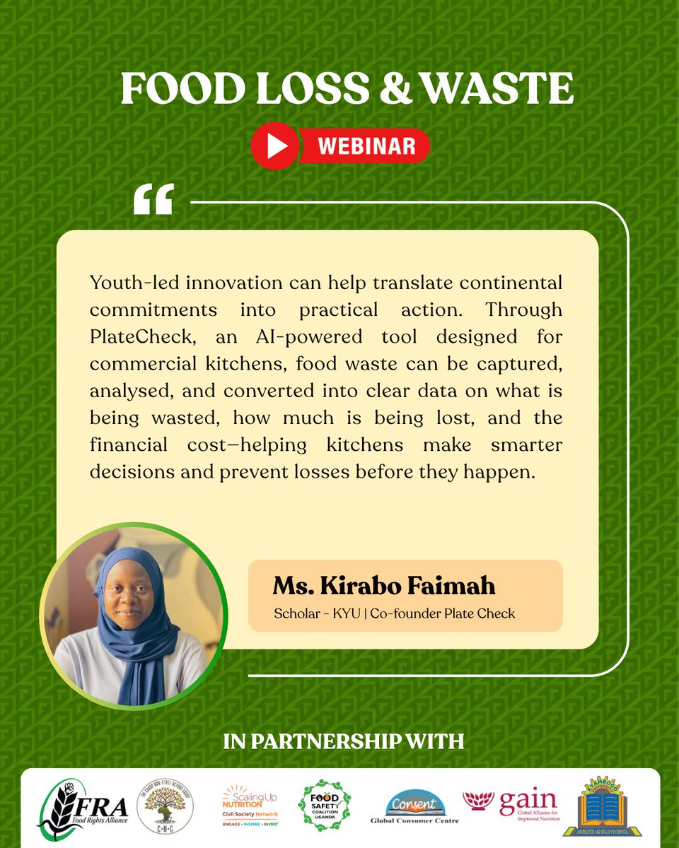 FRAUGANDA's tweet photo. When food goes into the bin, the food is lost and so is the money invested in it. Better data can help kitchens buy smarter, protect profits and prevent avoidable waste. - Ms. @kirabo_fai 

#FoodLossAndWaste #IDAFLW2026 #CAADP #YouthInnovation #FoodSecurity #PlateCheck https://t.co/c6Mppc4kgE