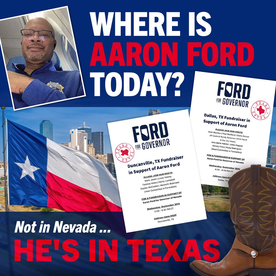 JoeLombardoNV's tweet photo. Another day, another flight, another reminder that Aaron Ford puts out-of-state donors ahead of Nevadans.

After spending 420+ days (and counting) out of Nevada, today Ford is in Texas. Nevadans deserve someone who puts his job here first. https://t.co/F9WTRN7MKm