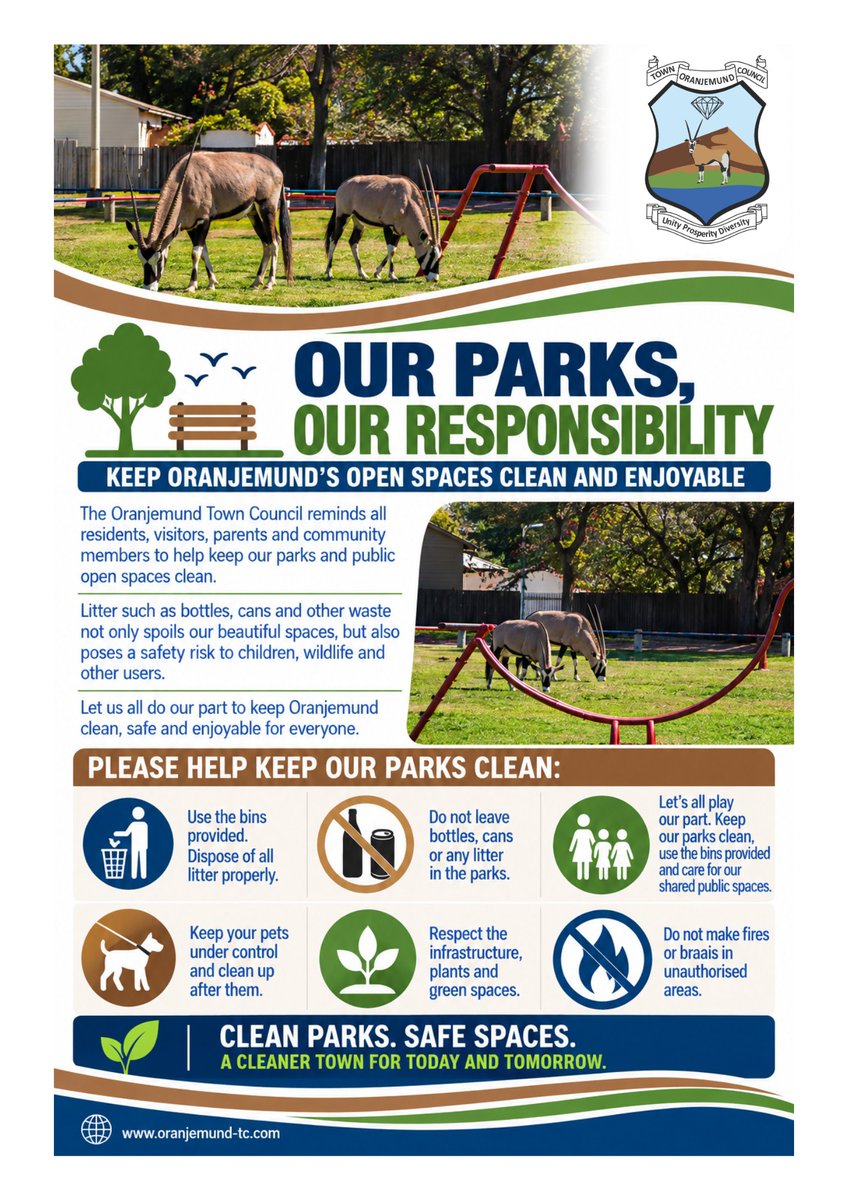OranjemundTC's tweet photo. Let’s all play our part in keeping Oranjemund’s parks clean, safe and enjoyable. 📷
Please use the bins provided, dispose of litter responsibly and care for our shared public spaces. Clean Parks. Safe Spaces. https://t.co/FetWBzi5SP