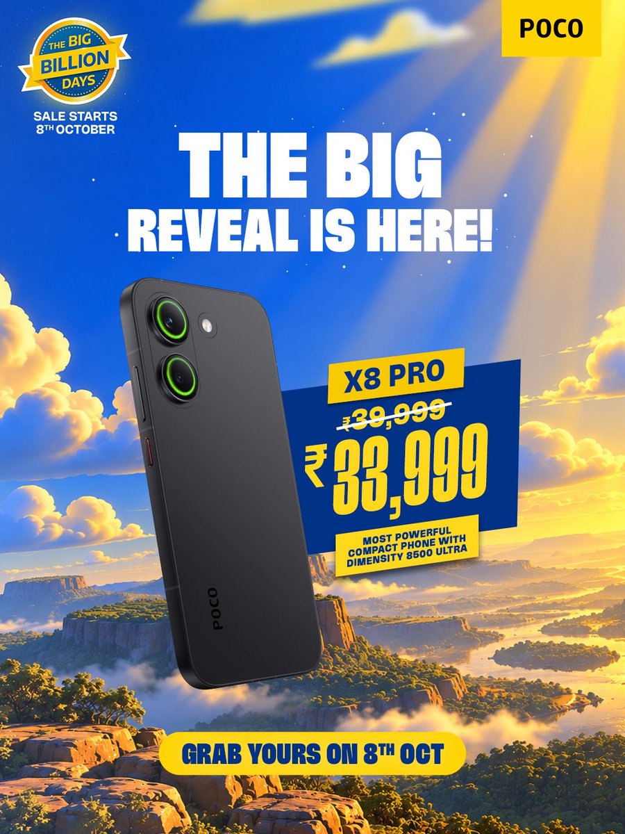 IndiaPOCO's tweet photo. YOU GUESSED IT… AND WE DELIVERED! 

This BBD, get the powerful X8 Pro for just ₹33,999

Don't wait until it sells out, add to cart and lock in your discount TODAY! 

Sale starts 8th October on Flipkart! 

#POCOIndia #POCOX8Pro #BBD  #BigBillionDays #Discount https://t.co/ebSdyUg6J4