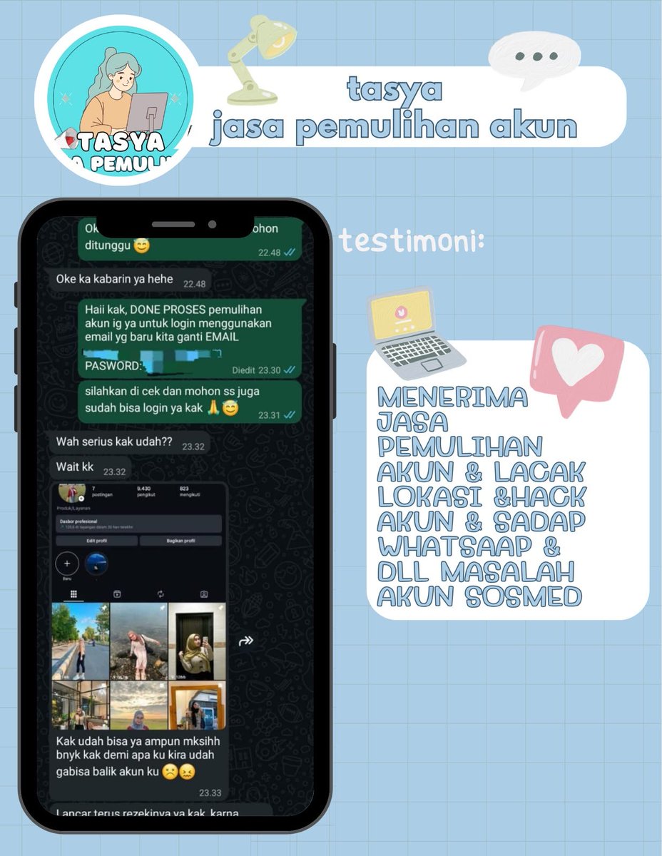 ciaafk's tweet photo. HALO JASA PEMULIHAN AKUN/DELETE AKUN, PROSES FAST &amp; BERGARANSI✨

KENDALA : 
🩵JASA SADAP WA/IG
🩵PULIHKAN CHAT WA
🩵LUPA PASWORD &amp; LUPA DATA2
🩵JASA HAPUS AKUN ALL SOSMED
🩵JASA PEMULIHAN AKUN
GOGGLE ,GMAIL,INSTAGRAM,TWITER, FB,TIKTOK,DLL #zonauang 

 Fast Respon Wa Di Bio Yaa https://t.co/J4cKSbWoUp