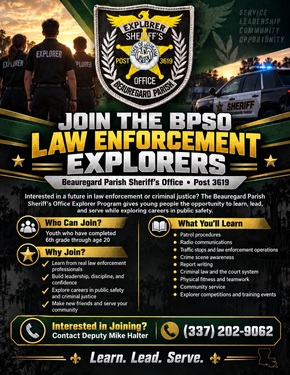 ParishSheriff's tweet photo. 🚔 Interested in a career in law enforcement?
The Beauregard Parish Sheriff’s Office is recruiting youth who have completed 6th grade through age 20 for our Law Enforcement Explorer Program!
Contact Deputy Mike Halter: (337) 202-9062
#BPSO #LawEnforcementExplorers https://t.co/krzgBi7Ikh