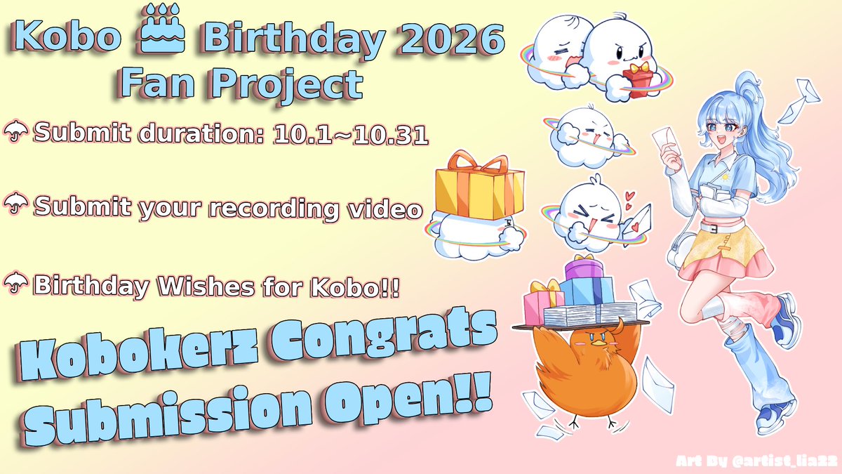 BKGTheFatBird's tweet photo. ☔ Attention Kobokerz!

It’s already October!! 🎉
That means it’s time to start getting ready for Kobo’s birthday fan project! 📽️

This time, we’re making a birthday greeting video featuring Kobokerz from all over the place—we’re doing this together, everyone! 🫵✨

🌏 This year’s theme:
“Kobokerz from different places”

📅 Video submission period: October 1–31
🎬 Editing: November
🎉 Video release date: December 12

🗒️ A few tips for the video:

1. Make sure the “Happy Birthday” greeting is clearly audible!

2. Feel free to use your own language! You can even teach Kobo how to say it 😭 (local dialects are allowed, but please include subtitles—otherwise, editing will be a nightmare for me).

3. You can show off your Hololive merch collection, but please don't show non-Hololive merch! Fan-made merch? That’s totally fine too~

4. Showing your face is allowed, too! Just agree to the terms in the submission form.

5. Group greetings are highly encouraged!

📋 Check the Google Form for full details and rules:
https://t.co/4cCeQmv5dG

Feel free to repost this so more Kobokerz can join in! ☔💙

And feel free to follow this account for updates on other Kobo fan projects! 🙏
#Kobokanaeru #Kobokerz #KoboFanProject #Aeruseni