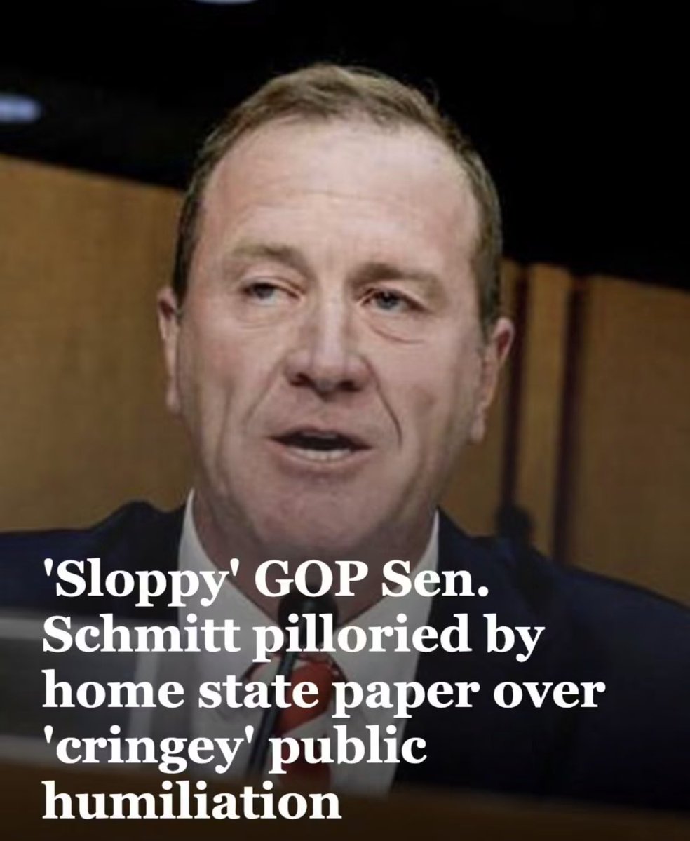 AnnieForTruth's tweet photo. The largest newspaper in Missouri, Sen. Schmitt’s home state, called out his ‘’cringey’ public humiliation! He was a nobody until he became a somebody who embarrassed himself live on national TV! 🤣 He was an arrogant smug pug thinking he had a ‘gotcha’ moment for Jack Smith! It ended up being a ‘gotcha’ moment for Schmitt himself! He was the “total dirtbag” and liar who got the Iowa Hawkeyes and the Atlanta Hawks confused! https://t.co/wLiJK4wqrb