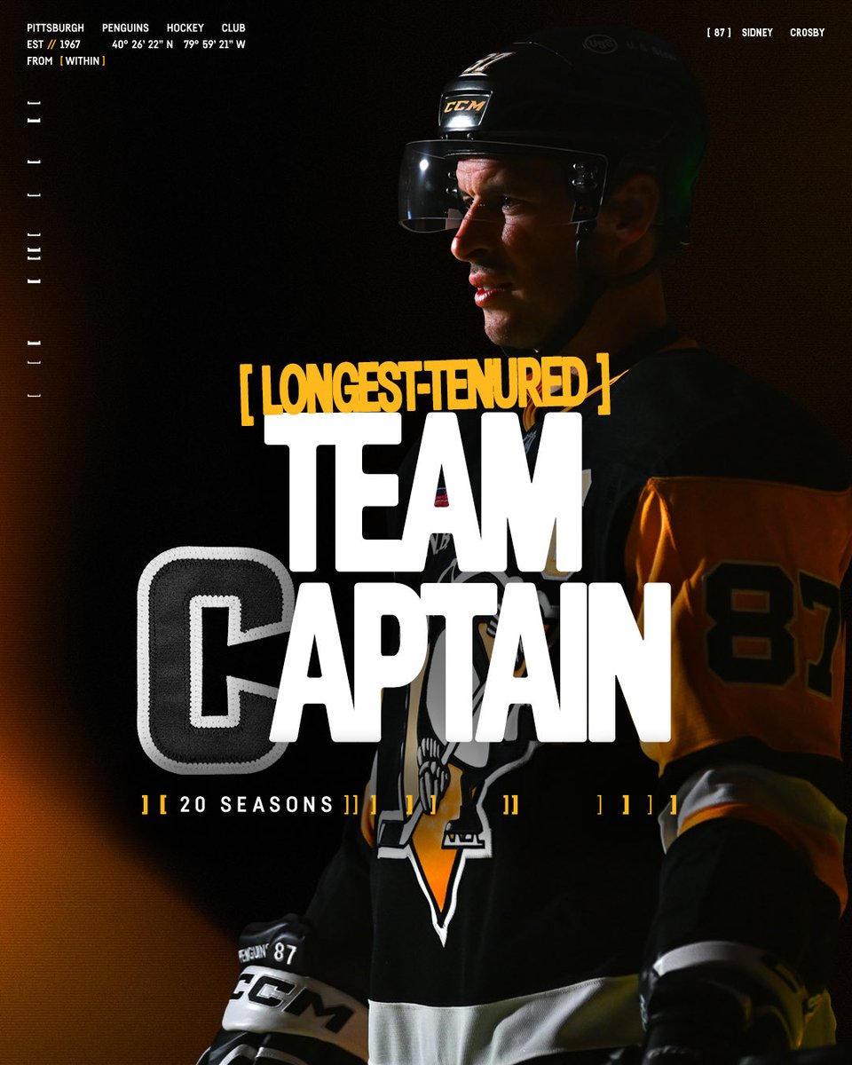 PenguinsPR's tweet photo. Two decades with the 'C' on his chest. 

Sidney Crosby is the longest-tenured captain in NHL history 🫡 https://t.co/gcZXzic33N