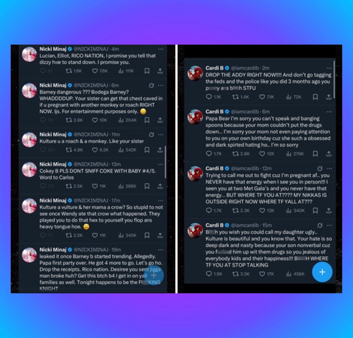 PopFusionHQ's tweet photo. One year ago today, Nicki Minaj picked a fight with Cardi B and ended up losing BADLY in a nasty X feud between the two women.

It’s worth noting that Nicki was online making these tweets on Papa Bear’s birthday. https://t.co/hKNC54RwEH