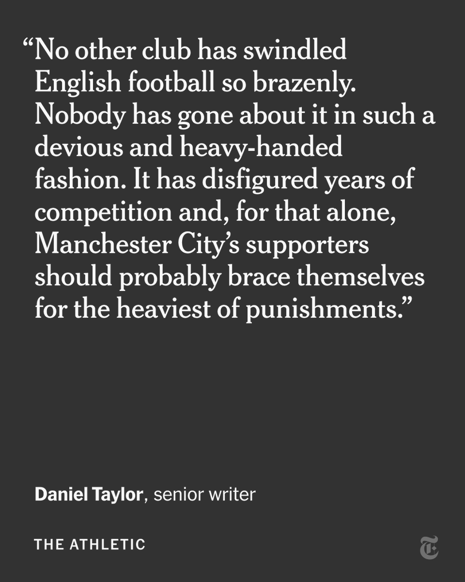nytimes's tweet photo. From @TheAthleticFC: "We knew it was going to be bad. But this bad? No," our columnist writes about Manchester City. "The club manipulated, doctored and abused the system to ensure English football was lopsided in their favour." https://t.co/xhQ8L65E84 https://t.co/hmI6RWqoBG