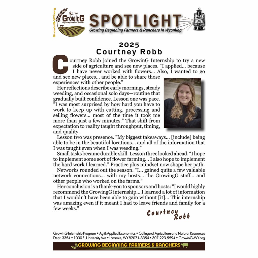 growingwyintrns's tweet photo. Intern Spotlight – Courtney Robb, 2025
#bfrdpwy #aginternship #RightRisk
<a href="https://t.co/fAqXvIPYnj" target="_blank" rel="noopener">
CLICK to view the Intern Spotlight.</a>
“I would highly recommend the GrowingG internship… I learned a lot of information… https://t.co/RvsT9Xd60G