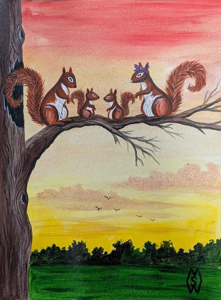 MattStarrFineA1's tweet photo. This is my acrylic painting of Chippy with Missy and their baby squirrels sitting on a branch realizing that he would never be lonesome again. Prints: https://t.co/vMQEE3c4Je
Book: https://t.co/EmKlwgiulG 
#mattstarrfineart #ChippySquirrel #squirrels #childrensbook #squirrel https://t.co/QIJ8GLk7mr
