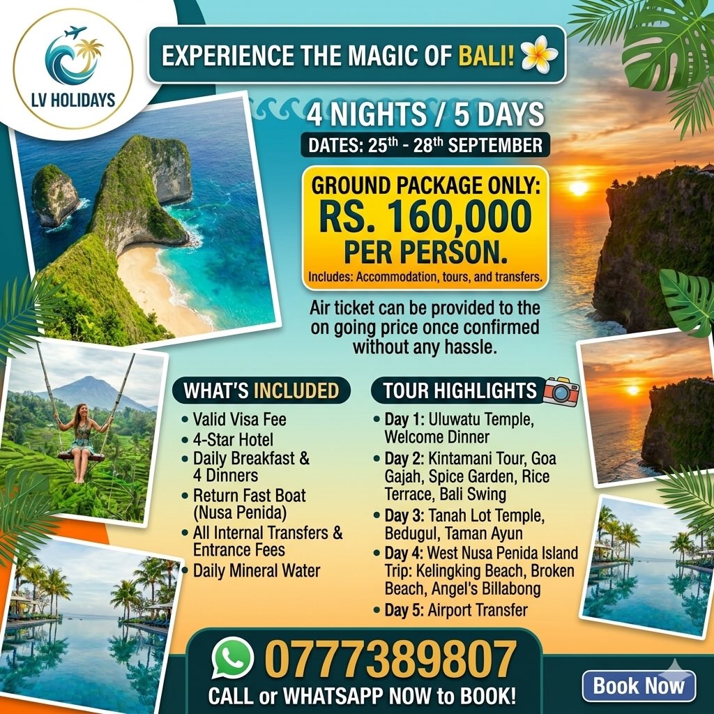 MollieeBoob's tweet photo. 🌴 EXPERIENCE THE MAGIC OF BALI WITH LV HOLIDAYS! 🌴

Escape to paradise this September (25th - 28th) with our premium 4N/5D Bali package! Experience 4-star luxury, thrilling excursions like the Bali Swing, and a fast-boat adventure to beautiful https://t.co/YPDvGFDjp9