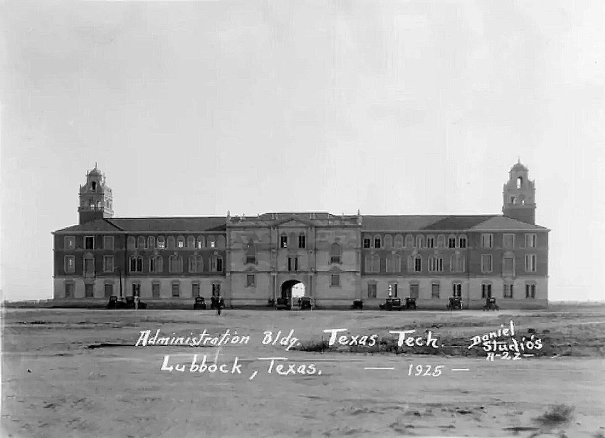 TracesofTexas's tweet photo. The Arcane Texas Fact of the Day:  Texas Tech University is 101 years old today, on account of it was Sept. 30, 1925 that Texas Technological College opened in Lubbock, with 914 students in four schools: Agriculture, Engineering, Home Economics, and Liberal Arts. Naturally, this being Texas and all, a bit of chicanery was involved.

The push to establish a college in West Texas began before 1900, almost as soon as settlers began putting down roots on the plains. Their efforts appeared to pay off in 1917, when the Texas Legislature approved the creation of West Texas A&M College as a branch of Texas A&M. But the victory was short-lived. The law was repealed at the next legislative session after it was discovered that Governor James E. Ferguson had falsely reported Abilene as the choice of the committee charged with selecting the college site.

Naturally, Ferguson's deception got everybody's dander up and stiffened the resolve of West Texans. With the West Texas Chamber of Commerce helping lead the campaign, supporters continued pressing Austin for a college of their own. Their persistence finally paid off in 1923, when the Legislature approved a compromise bill written by State Senator William H. Bledsoe of Lubbock and State Representative Lewis Carpenter of Dallas.

Competition for the new school was fierce. Thirty-seven West Texas towns submitted proposals, and the locating board visited every one of them before choosing Lubbock. A local steering committee purchased 2,008 acres just west of town and sold the land to the state for the new campus.

So ....Guns up, Red Raiders!