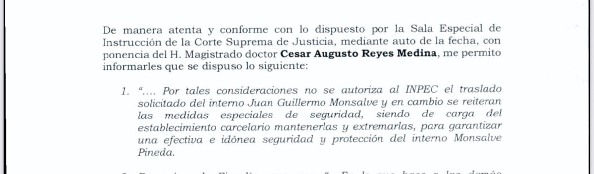 migueldelrioabg's tweet photo. Es importante precisar que la Corte Suprema de Justicia prohibió de manera tácita el traslado de Juan Guillermo Monsalve a cualquier centro carcelario diferente de la Picota. https://t.co/HIXNNQvJ5c