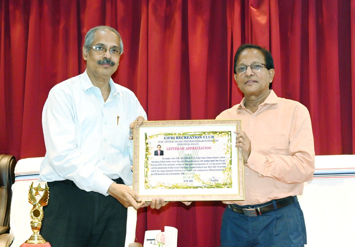 ICAR_CIFRI's tweet photo. Director and Staff Members of ICAR- Central Inland Fisheries Research Institute today bid farewell to Dr Archan Kanti Das, ARS, Principal Scientist on his superannuation today on 30 September 2026 after 33 years long successful professional scientific career at @ICAR_CIFRI . https://t.co/CCurJU84Fj