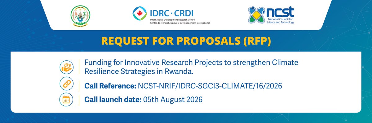 ScienceTechRw's tweet photo. ⏰ The deadline is approaching! Apply before 7 October 2026 for the RFP on Funding for Innovative Research Projects to Strengthen Climate Resilience Strategies in Rwanda. https://t.co/OA9Tp8xF9K
