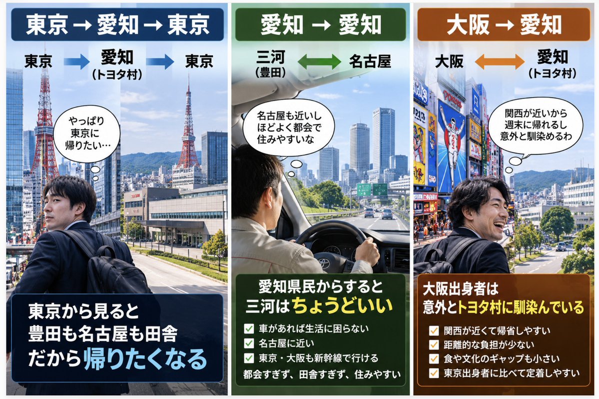 toyotamura_'s tweet photo. トヨタ村（豊田含む西三河）の住人として回答する。

東京から見れば、豊田も名古屋も田舎。
だから東京に帰りたくなる気持ちは分かる。
でも愛知県民からすると、三河はむしろ住みやすい。

車があれば生活に困らない。
名古屋にも近いし、東京も大阪も新幹線で行ける。
都会すぎず、田舎すぎず、ちょうどいい。

ちなみに、この退職理由の話題。
よく見ると東京出身者の話が多い気がする。

私の周囲では、大阪出身者は意外とトヨタ村に馴染んでいる。
関西が近く、週末に帰省しやすいからだろうか。

結局、田舎か都会かという話ではない。
自分の地元に気軽に帰れる距離かどうか。

東京出身者と関西出身者では、同じトヨタ村でも見え方が違うのかもしれない。