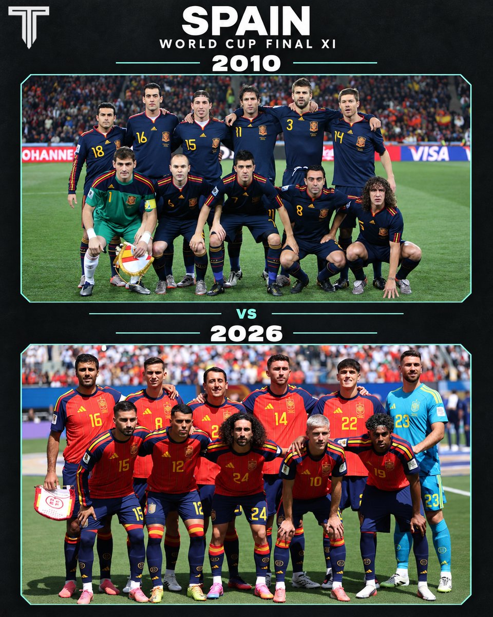 TouchlineX's tweet photo. 🚨 𝗡𝗘𝗪: Fans on social media have been debating which Spain World Cup Final XI would WIN if the two sides faced each other.

2010 or 2026? 🇪🇸🤔 https://t.co/MEuSFc7foQ