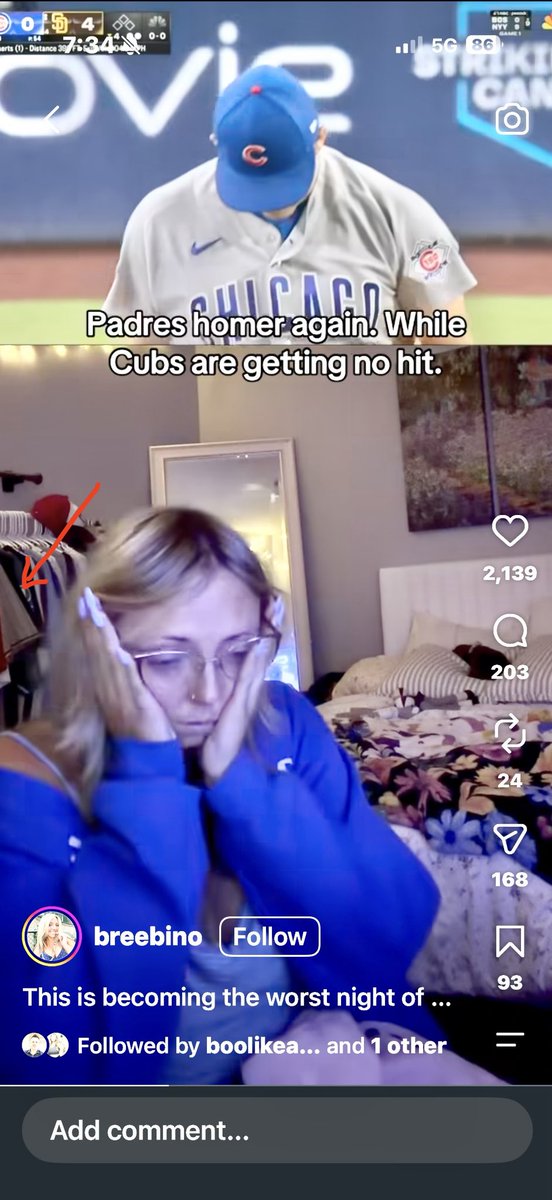 katierose84's tweet photo. Bree Delio crashing out while there’s a padres jersey sticking out behind her is hilarious https://t.co/oeq9ixJCzm