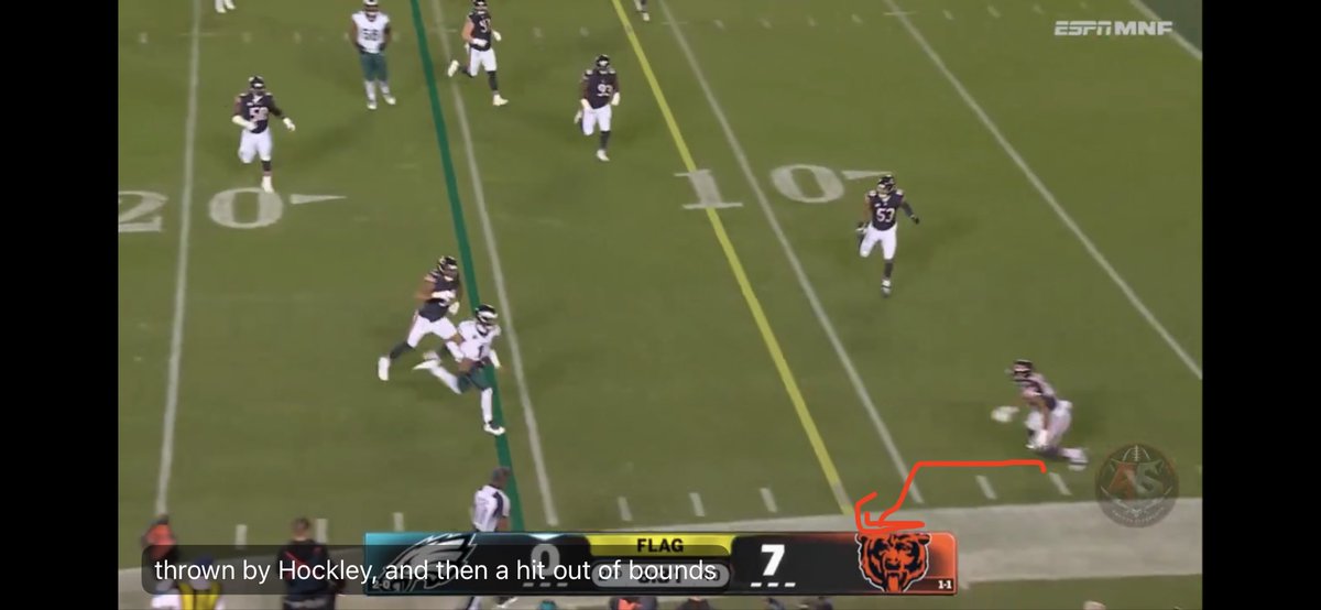 my212burner's tweet photo. @ToolmanTA @ljaydadon7 @iJordanMoore Defender was running down the sidelines. Hurts beats him to the marker and defender turns inside and hits him almost 3 feet out of bounds. 

Look where the defender was. How would he end up out of bounds unless he turns and steps out of bounds to make the hit? https://t.co/ROco5IrbgJ